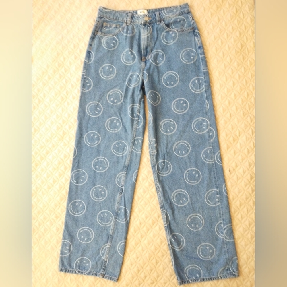 H&M Smiley Jeans Women's 6 Baggy High Rise Relaxed Straight Leg All Over Print
